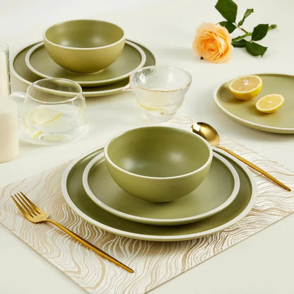 Reactive Glaze Dinnerware Sets, 12 Piece Luxury Bone China Dishware Sets, Green Dishes Set Gilt Rim Plates and Bowls Sets for 4