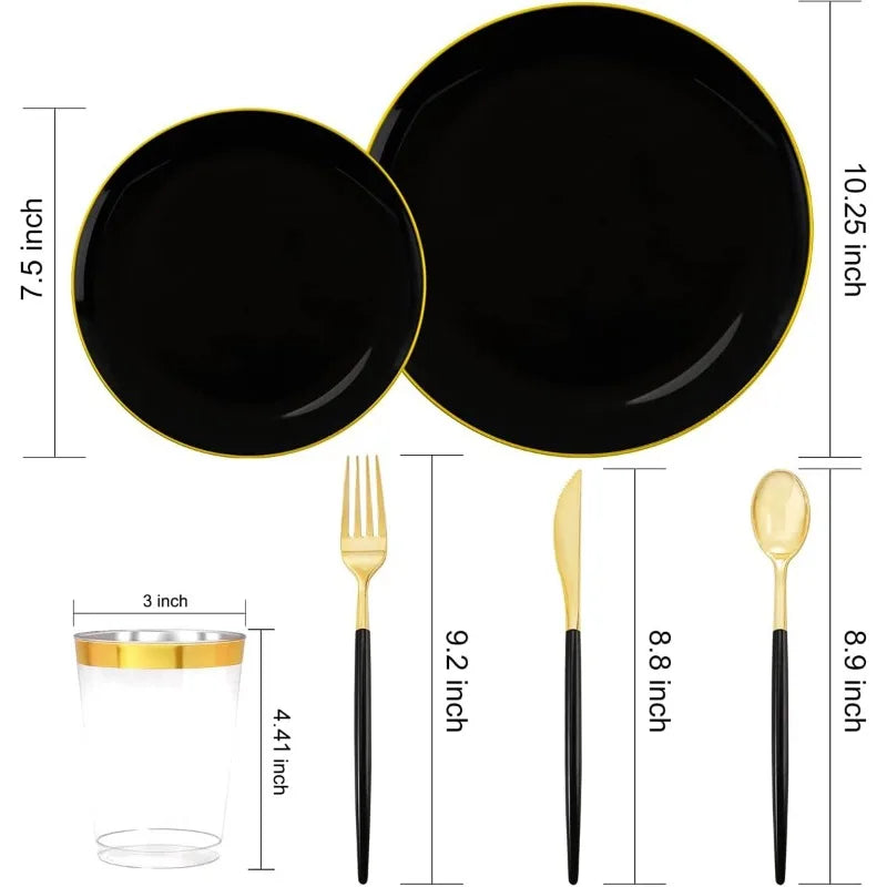 180pcs Black Plastic Plates,Black and Gold Plastic Dinnerware set,Included Gold Silverware,Disposable Plates,Disposable Cups for