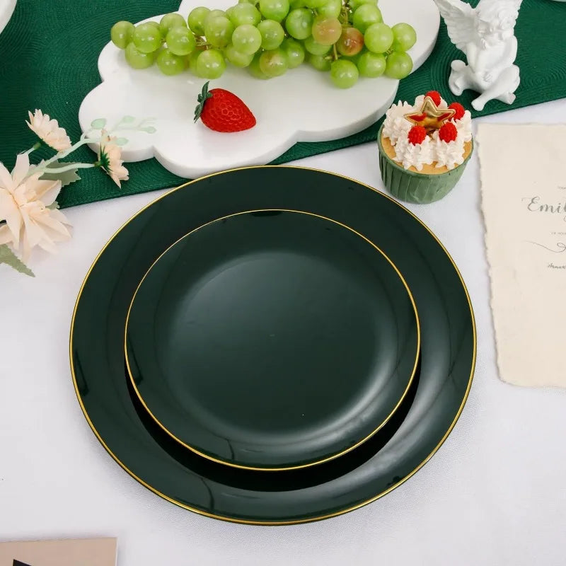 100PCS Green Plastic Plates - Green Disposable  With Gold Rim -  Plates Disposable Include 50PCS Green Dinner Plates