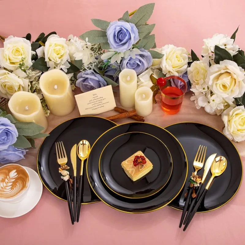 180pcs Black Plastic Plates,Black and Gold Plastic Dinnerware set,Included Gold Silverware,Disposable Plates,Disposable Cups for