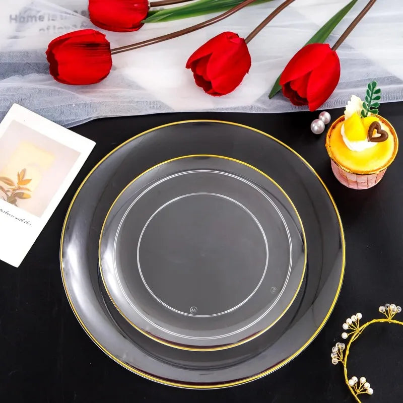 100PCS Green Plastic Plates - Green Disposable  With Gold Rim -  Plates Disposable Include 50PCS Green Dinner Plates