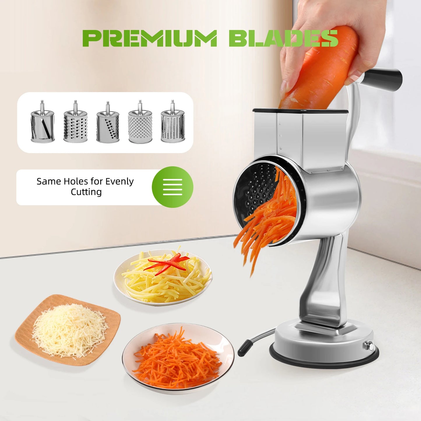 Rotary Grater With 5 Drums Stainless Steel Kitchen Vegetable Chopper Handheld Cheese Shredder