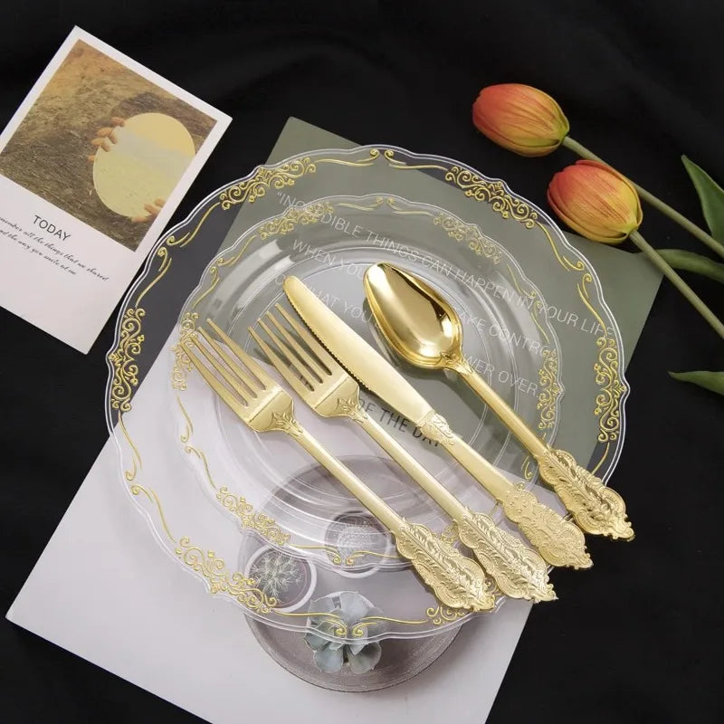 180pcs Black Plastic Plates,Black and Gold Plastic Dinnerware set,Included Gold Silverware,Disposable Plates,Disposable Cups for