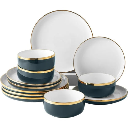 Reactive Glaze Dinnerware Sets, 12 Piece Luxury Bone China Dishware Sets, Green Dishes Set Gilt Rim Plates and Bowls Sets for 4