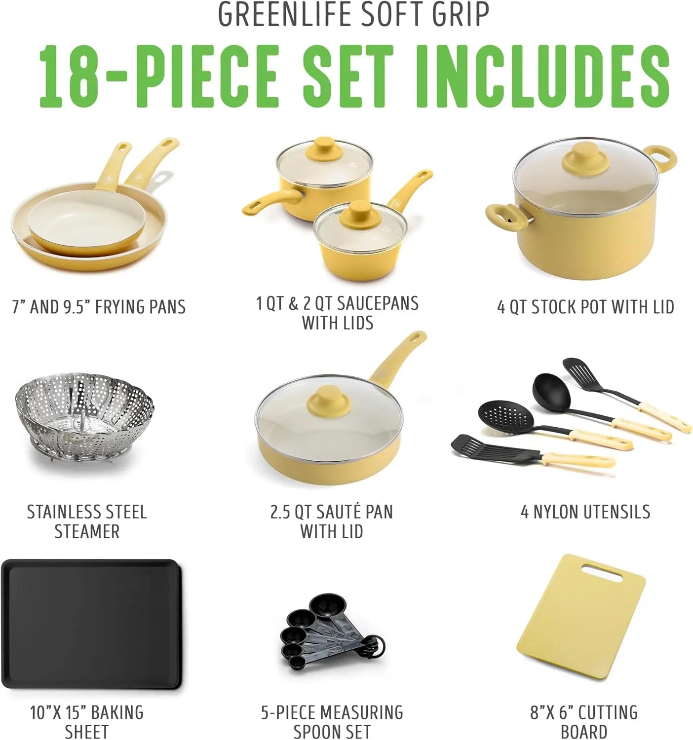 18 Piece Kitchen Cookware Pots and Frying Sauce Saute Pans Set, PFAS-Free with Kitchen Utensils and Lid, Dishwasher Safe, Yellow