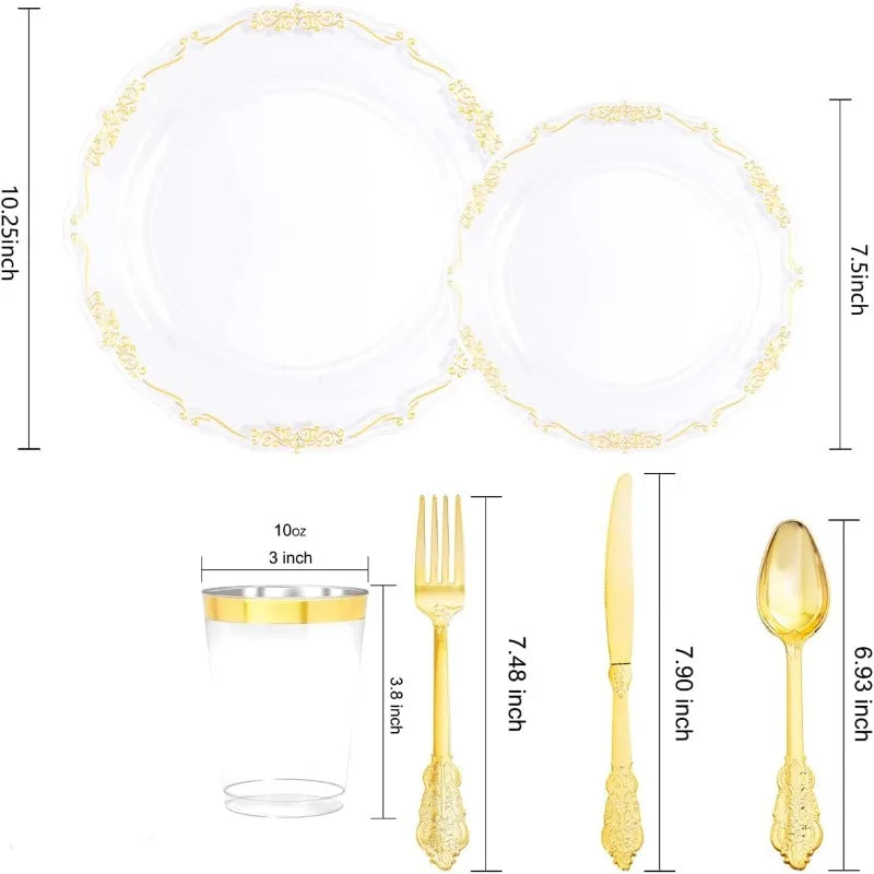 180pcs Black Plastic Plates,Black and Gold Plastic Dinnerware set,Included Gold Silverware,Disposable Plates,Disposable Cups for