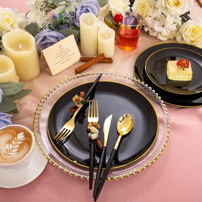 180pcs Black Plastic Plates,Black and Gold Plastic Dinnerware set,Included Gold Silverware,Disposable Plates,Disposable Cups for