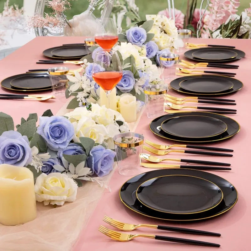 180pcs Black Plastic Plates,Black and Gold Plastic Dinnerware set,Included Gold Silverware,Disposable Plates,Disposable Cups for