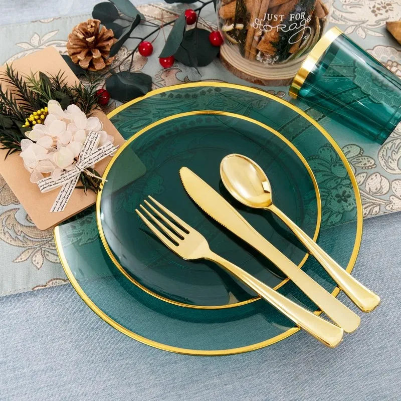 180pcs Black Plastic Plates,Black and Gold Plastic Dinnerware set,Included Gold Silverware,Disposable Plates,Disposable Cups for