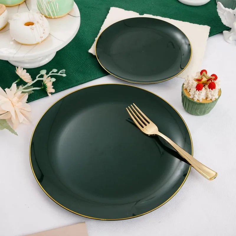 100PCS Green Plastic Plates - Green Disposable  With Gold Rim -  Plates Disposable Include 50PCS Green Dinner Plates