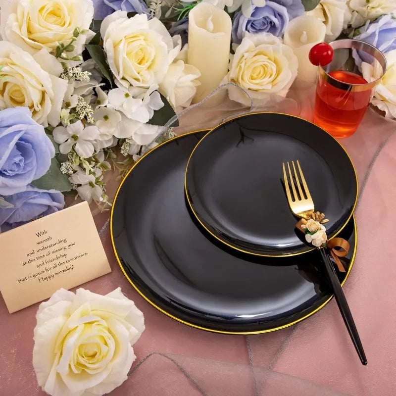 180pcs Black Plastic Plates,Black and Gold Plastic Dinnerware set,Included Gold Silverware,Disposable Plates,Disposable Cups for