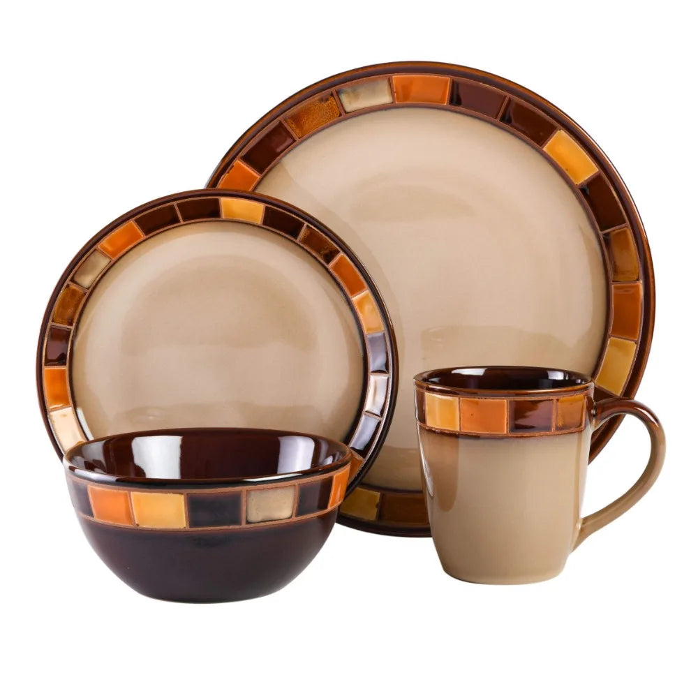 16-piece Dinnerware Set, Tableware Set Service for 4, Beige and Brown