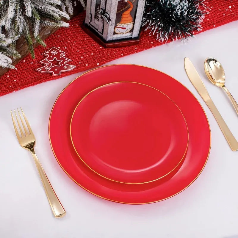 100PCS Green Plastic Plates - Green Disposable  With Gold Rim -  Plates Disposable Include 50PCS Green Dinner Plates